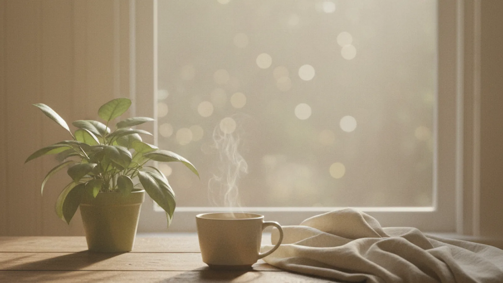 Quiet still life of a cup of tea by a sunlit window