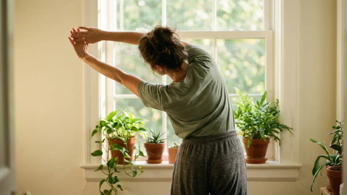 Person stretching sideways in front of a plant-lined window in soft daylight, representing pinched nerve and radiculopathy care at Mind Link